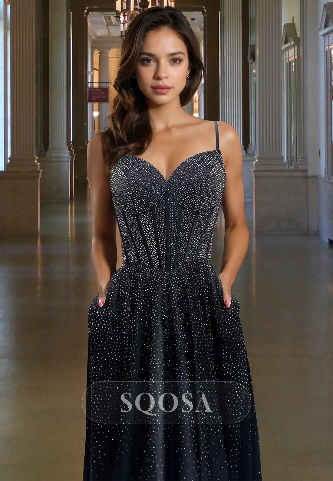 A-Link V-Neck Spaghetti Straps Off-Shoulder Sleeveless Prom Dress Fully Beaded Pleated Evening Gowns