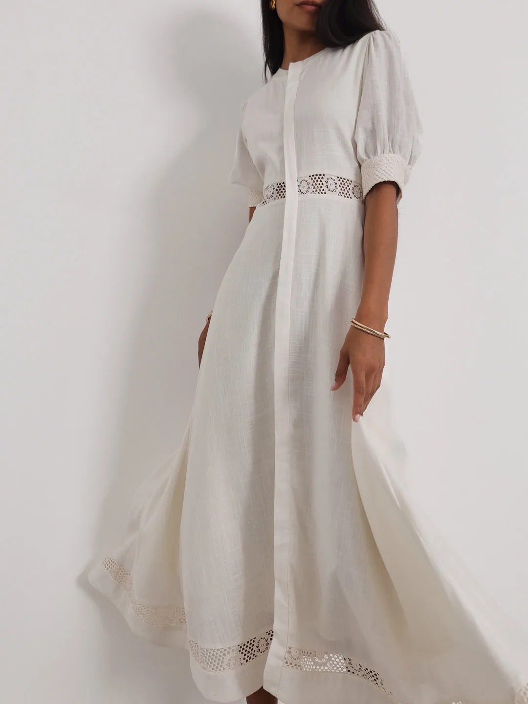 Anice Cotton Lace Trim Day Dress | Ivory