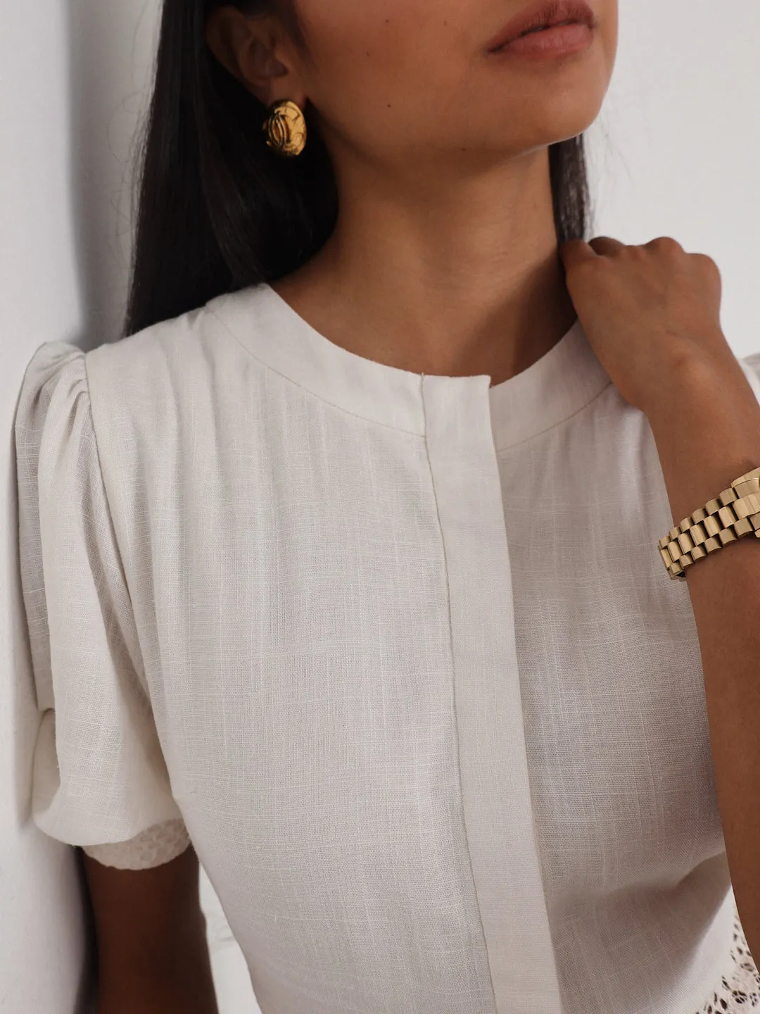 Anice Cotton Lace Trim Day Dress | Ivory