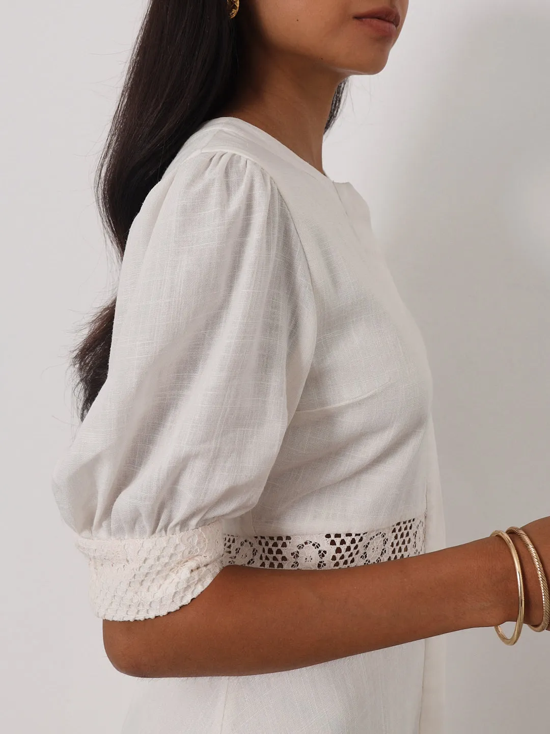 Anice Cotton Lace Trim Day Dress | Ivory