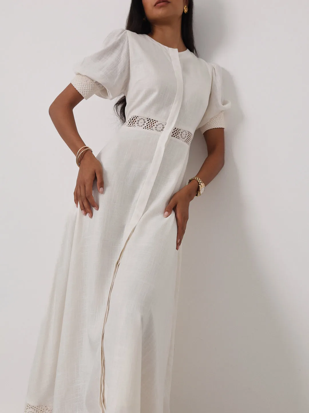 Anice Cotton Lace Trim Day Dress | Ivory