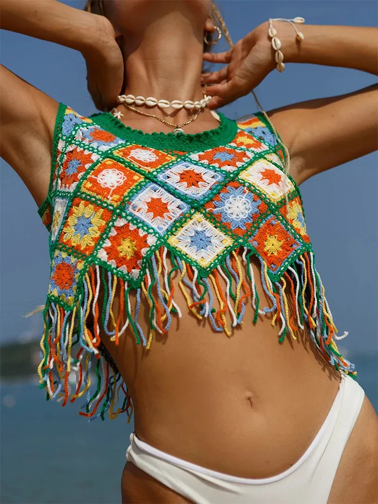 Crochet Style Bikini Cover-Up – Green Plaid Knitted Crop Top