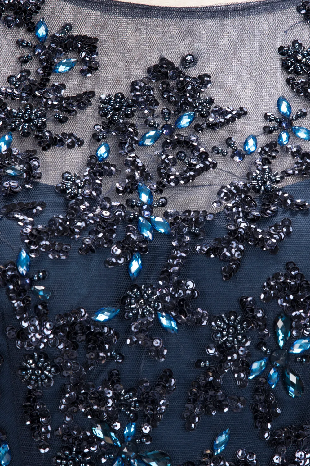 Dark Navy Long A-line Jewel Tulle Formal Evening Dresses with Sleeves