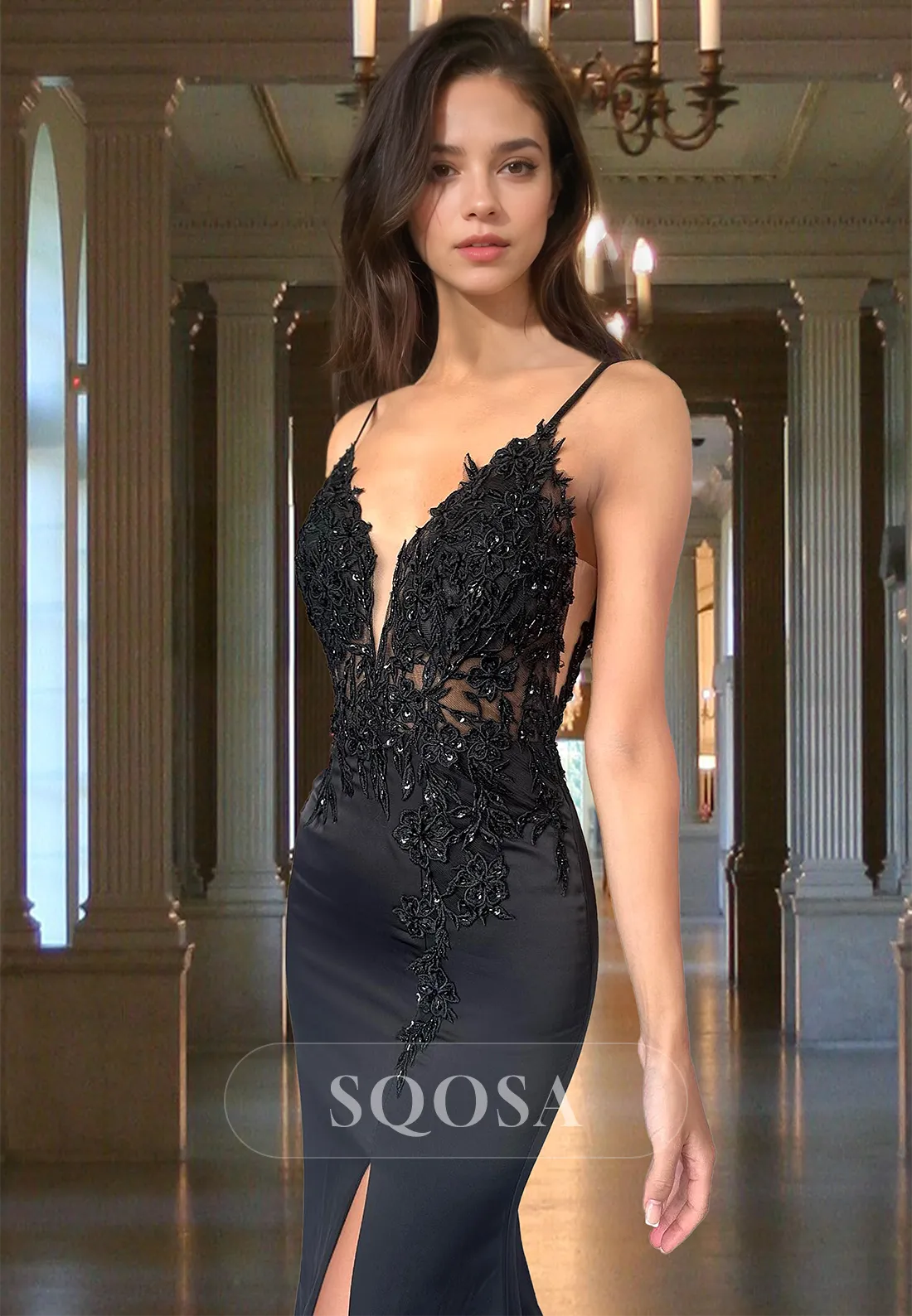 Deep V-Neck Spaghetti Straps Sleeveless Evening Gowns Beaded Applique Mermaid Prom Dress with Sweep Train
