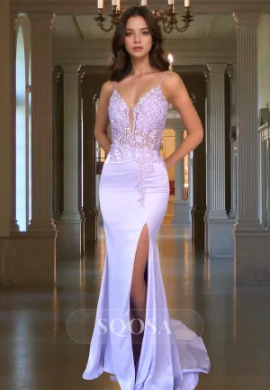 Deep V-Neck Spaghetti Straps Sleeveless Evening Gowns Beaded Applique Mermaid Prom Dress with Sweep Train