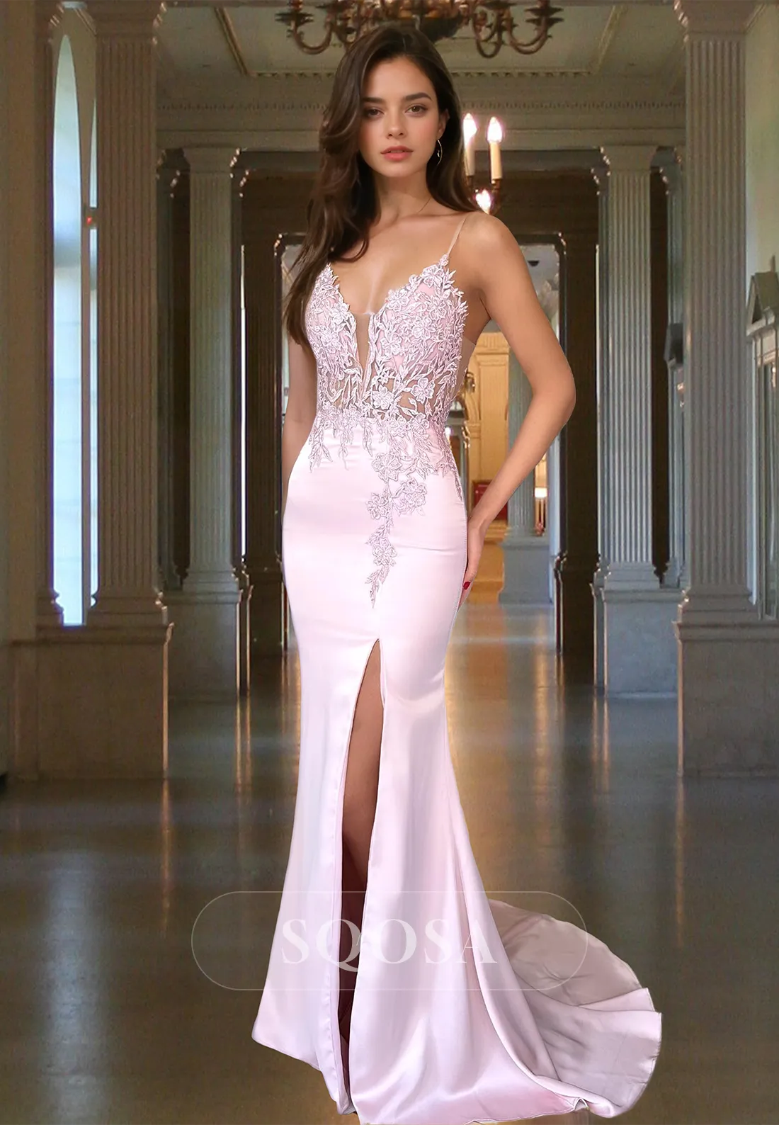 Deep V-Neck Spaghetti Straps Sleeveless Evening Gowns Beaded Applique Mermaid Prom Dress with Sweep Train