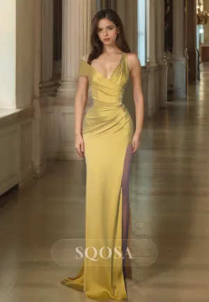 Deep V-Neck Straps Off-Shoulder Mermaid Prom Dress Pleated Sastin High Slit Evening Gowns