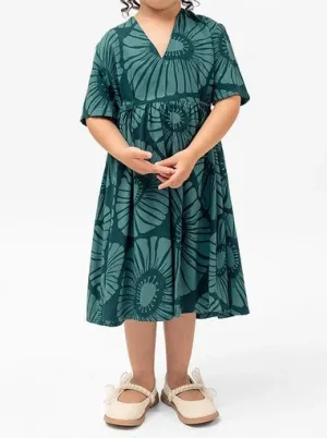 Girl's Frock Dress - Dark Emerald Flowers