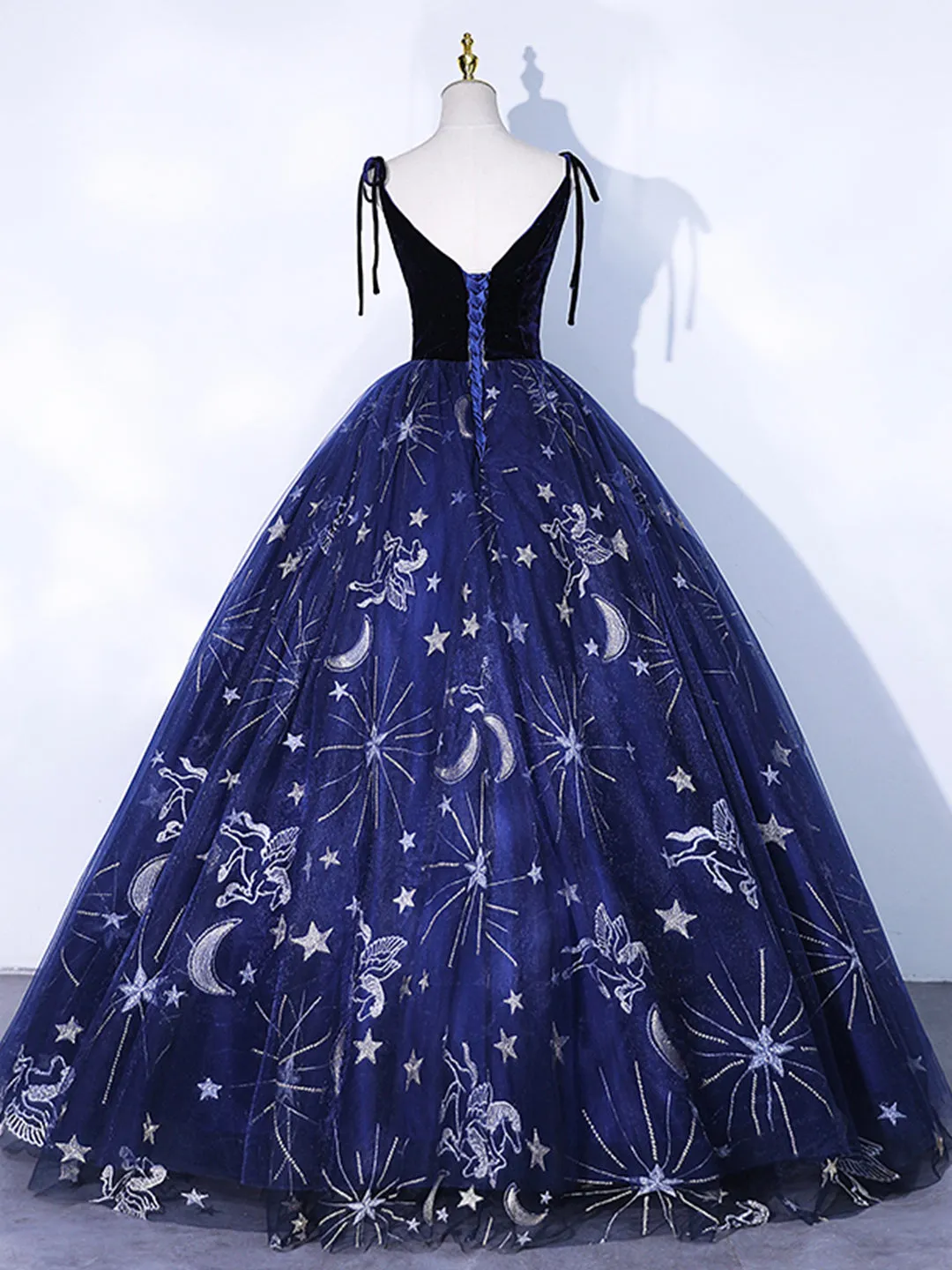 Navy Blue Tulle Long Prom Dress Spaghetti Straps Lace Flower Backless Evening Dress