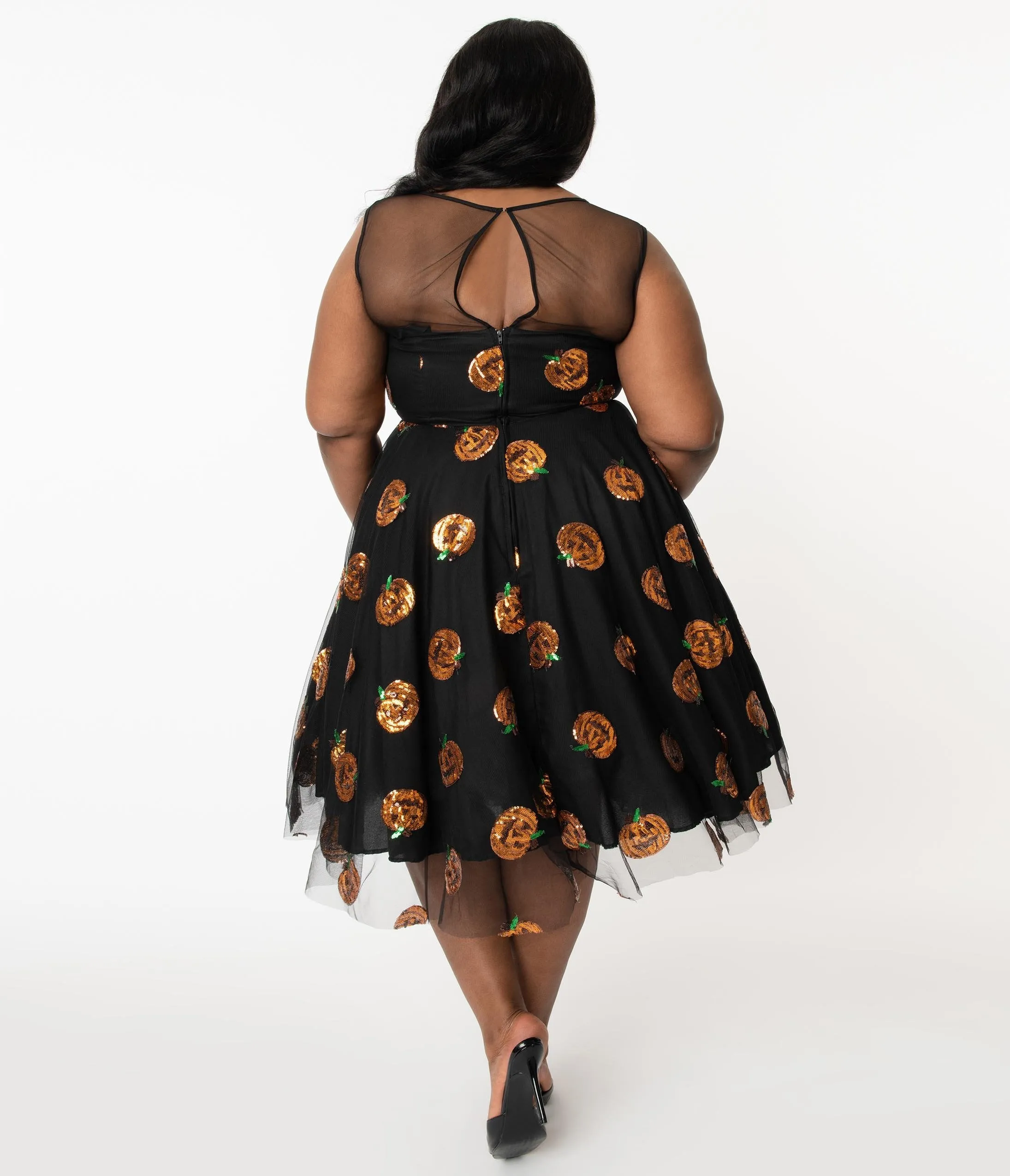 Plus Size Black Mesh & Orange Sequin Pumpkins Vanity Swing Dress