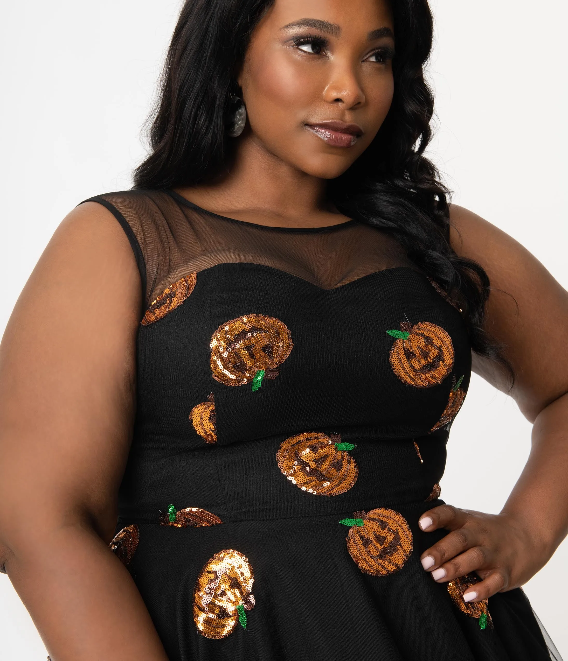 Plus Size Black Mesh & Orange Sequin Pumpkins Vanity Swing Dress