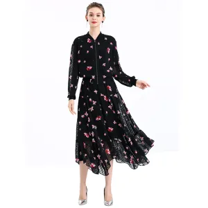 S068-9 Women print swiss-dot clipped jacquard asymmetric panelled long flare handkerchief skirt