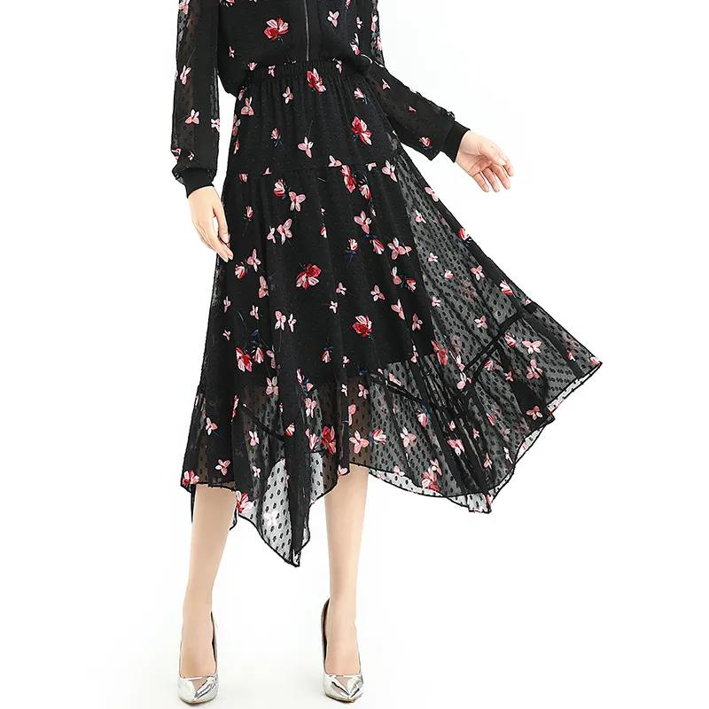 S068-9 Women print swiss-dot clipped jacquard asymmetric panelled long flare handkerchief skirt
