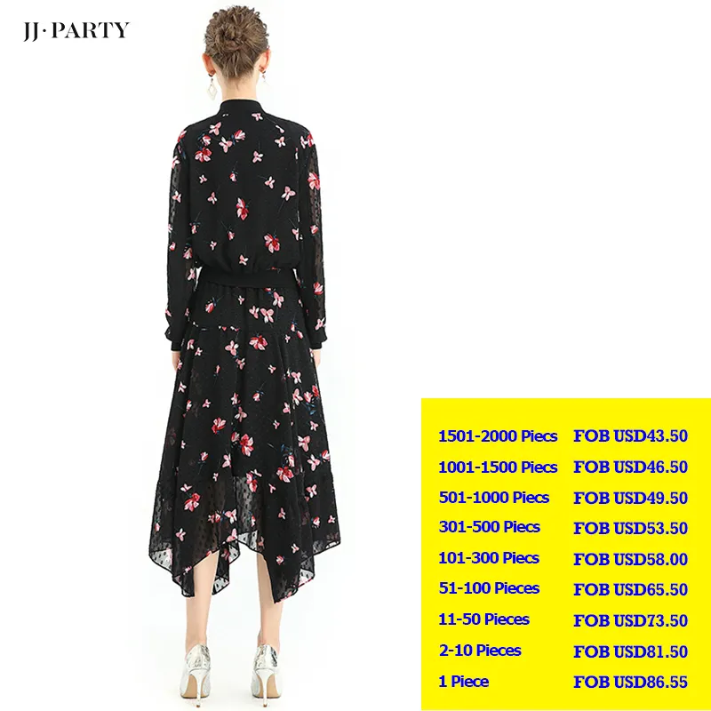 S068-9 Women print swiss-dot clipped jacquard asymmetric panelled long flare handkerchief skirt