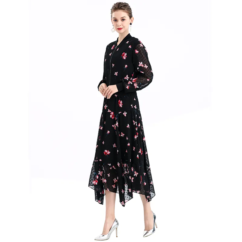 S068-9 Women print swiss-dot clipped jacquard asymmetric panelled long flare handkerchief skirt