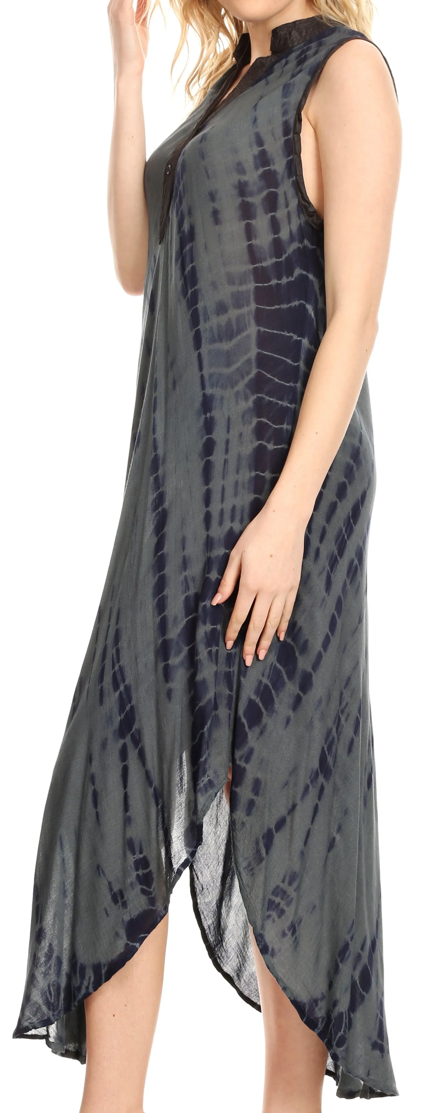 Sakkas Olivia Lightweight Sleeveless Tie Dye Dress with Mandarin Collar