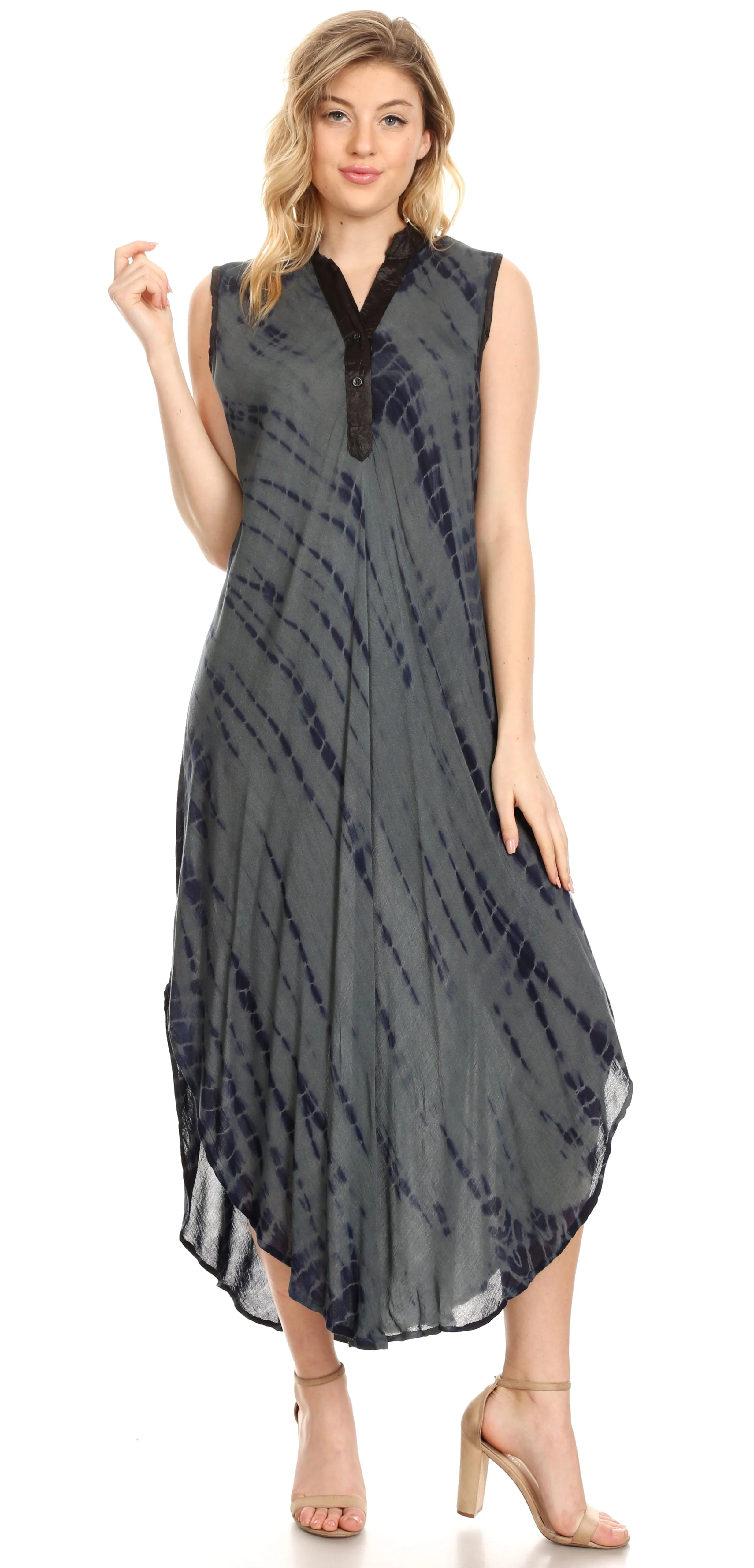 Sakkas Olivia Lightweight Sleeveless Tie Dye Dress with Mandarin Collar