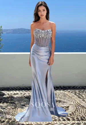 Scoop-Neck Off-Shoulder Sleeveless Evening Gowns Beaded Pleated Mermaid Prom Dress with Sweep Train