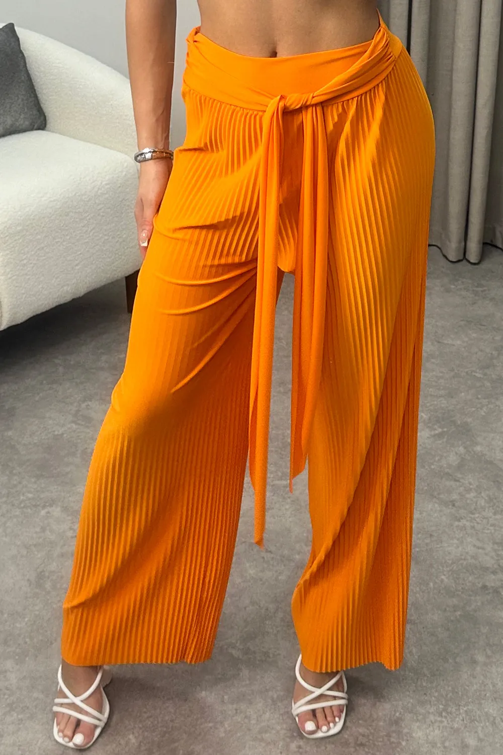 Teagan Orange Slinky Plisse Tie Waist Wide Leg Trousers