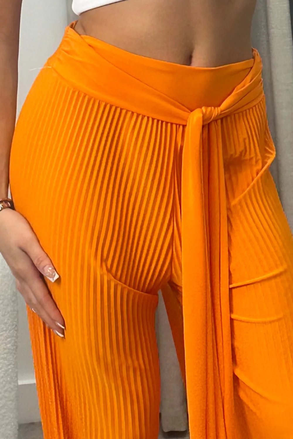 Teagan Orange Slinky Plisse Tie Waist Wide Leg Trousers