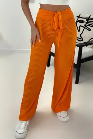 Teagan Orange Slinky Plisse Tie Waist Wide Leg Trousers