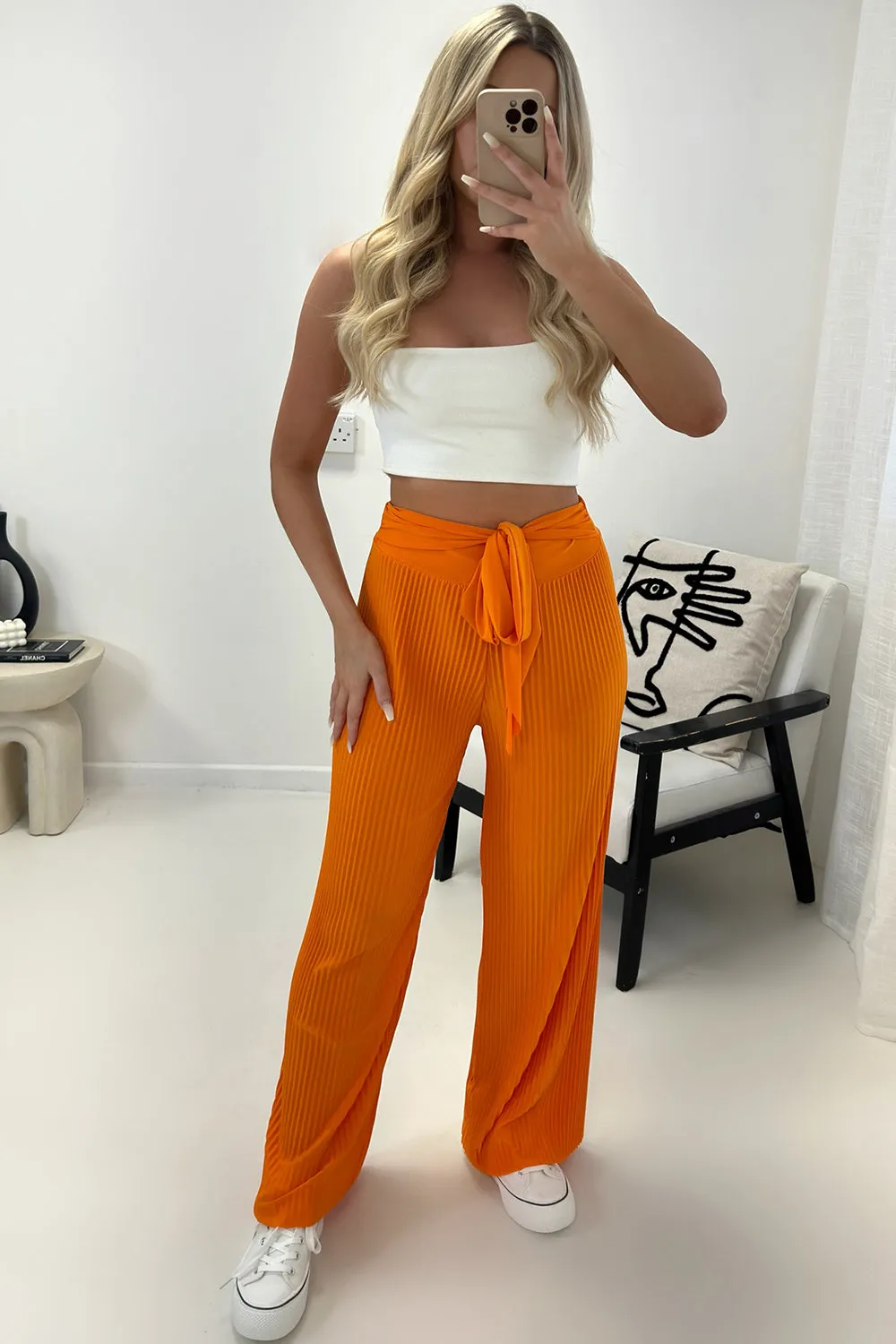 Teagan Orange Slinky Plisse Tie Waist Wide Leg Trousers