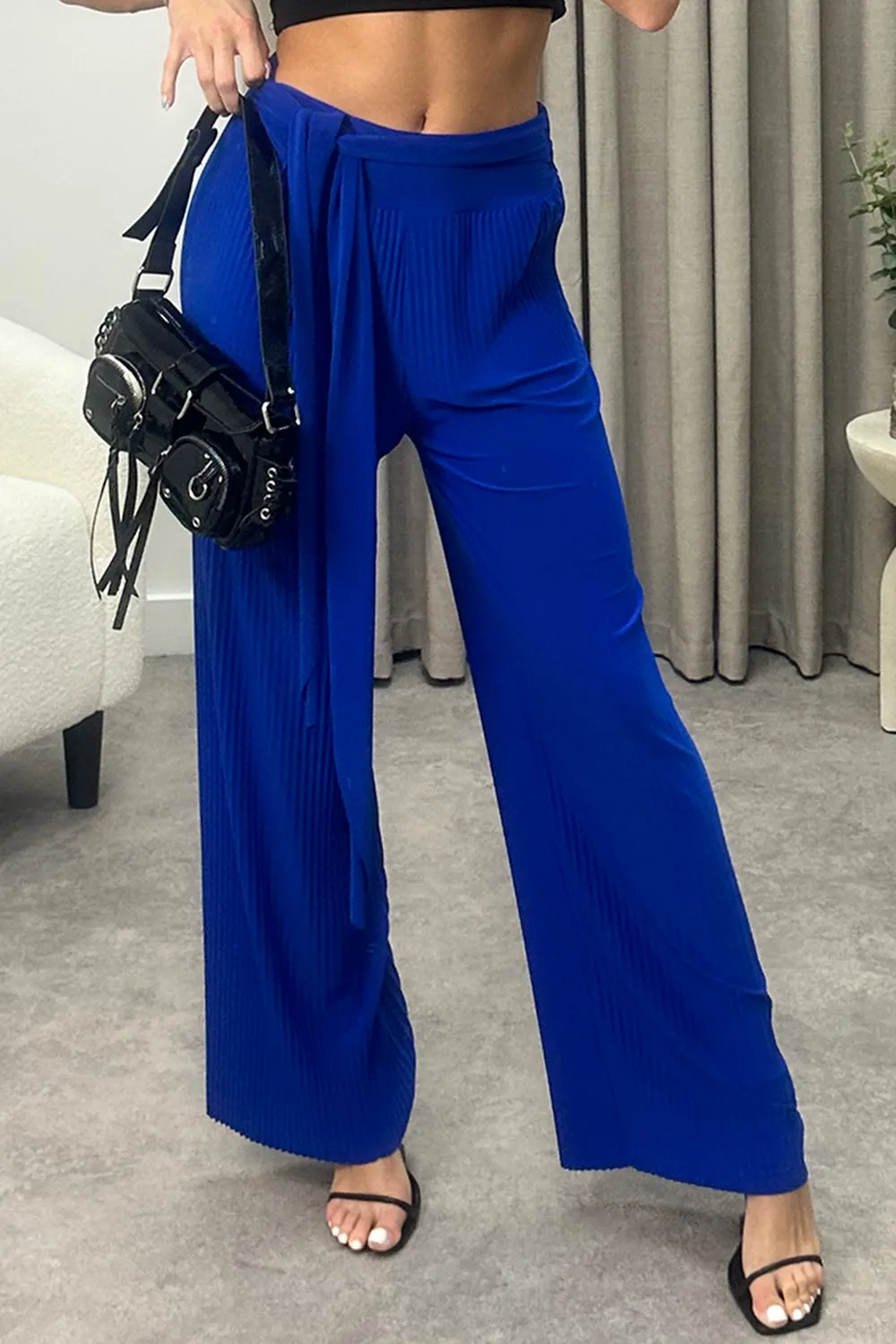 Teagan Royal Blue Slinky Plisse Tie Waist Wide Leg Trousers