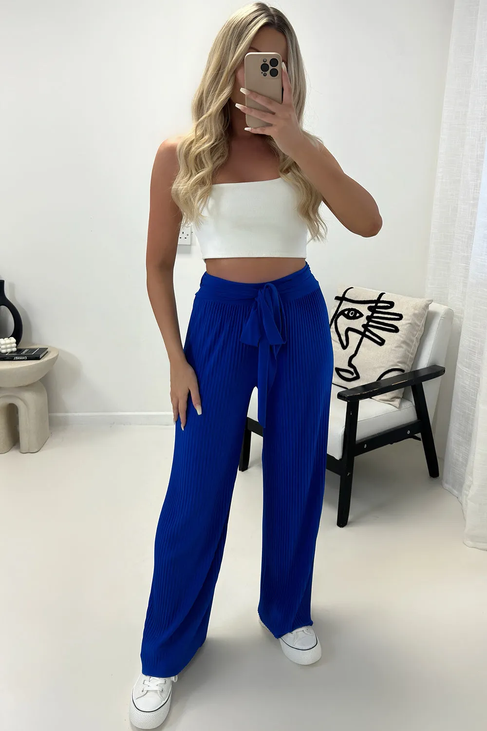 Teagan Royal Blue Slinky Plisse Tie Waist Wide Leg Trousers