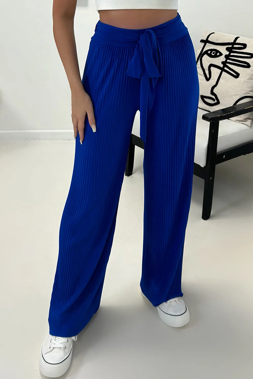 Teagan Royal Blue Slinky Plisse Tie Waist Wide Leg Trousers