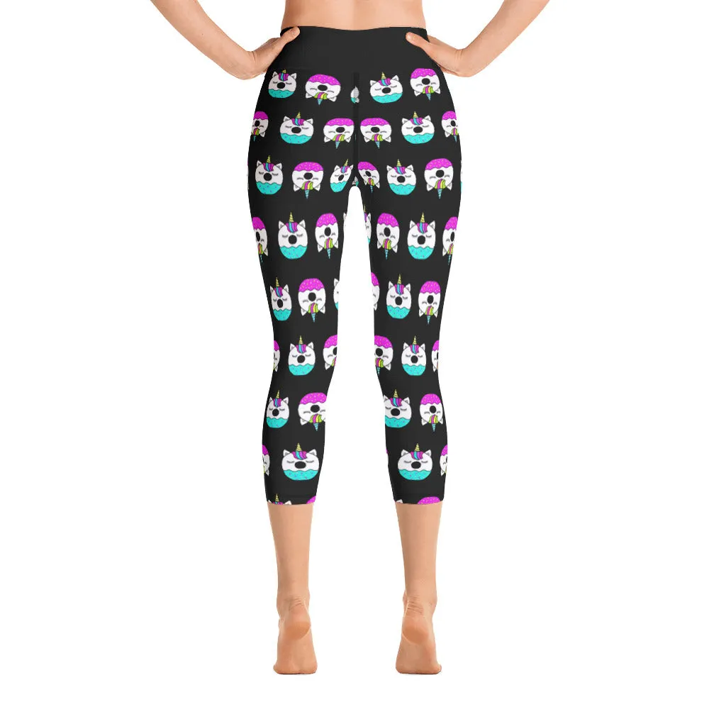 Unicorn Doughnut Print Ladies Yoga Capri Leggings
