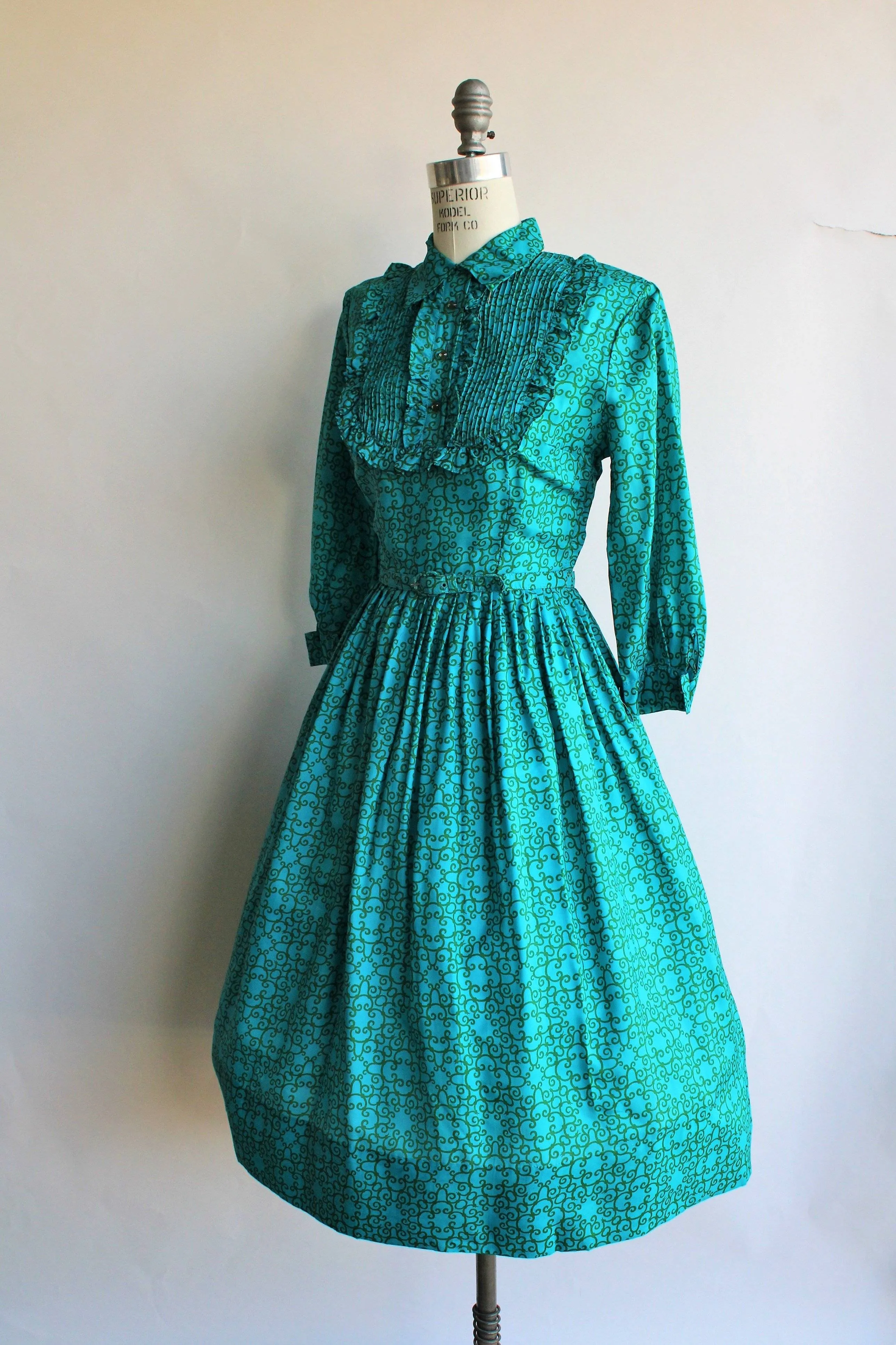 Vintage 1950s 1960s Blue and Green Dress With Belt and Tuxedo Front