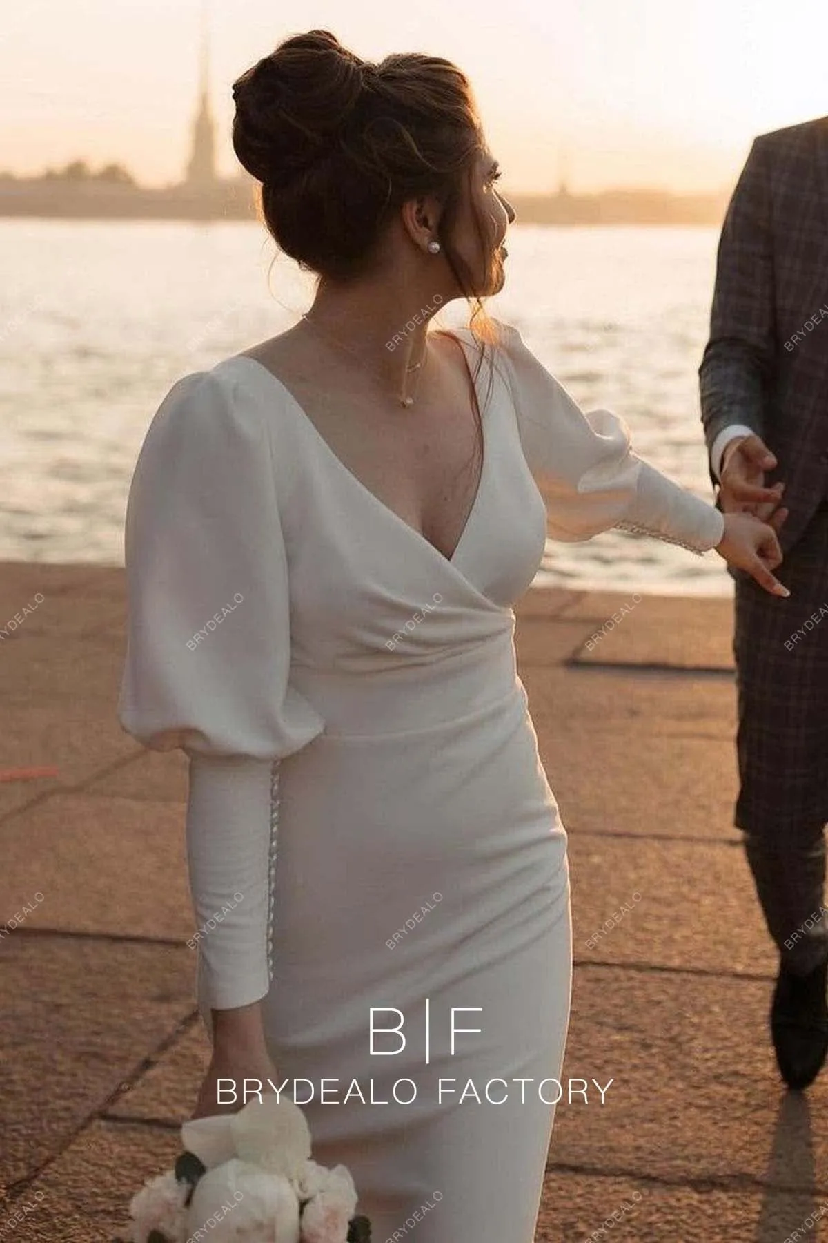 Vintage V-neck Crepe Tea Length Casual Beach Wedding Dress