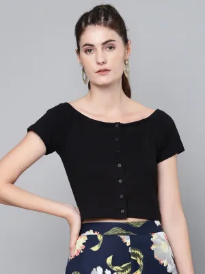 Women Black Front Button Bardot Rib Crop Top