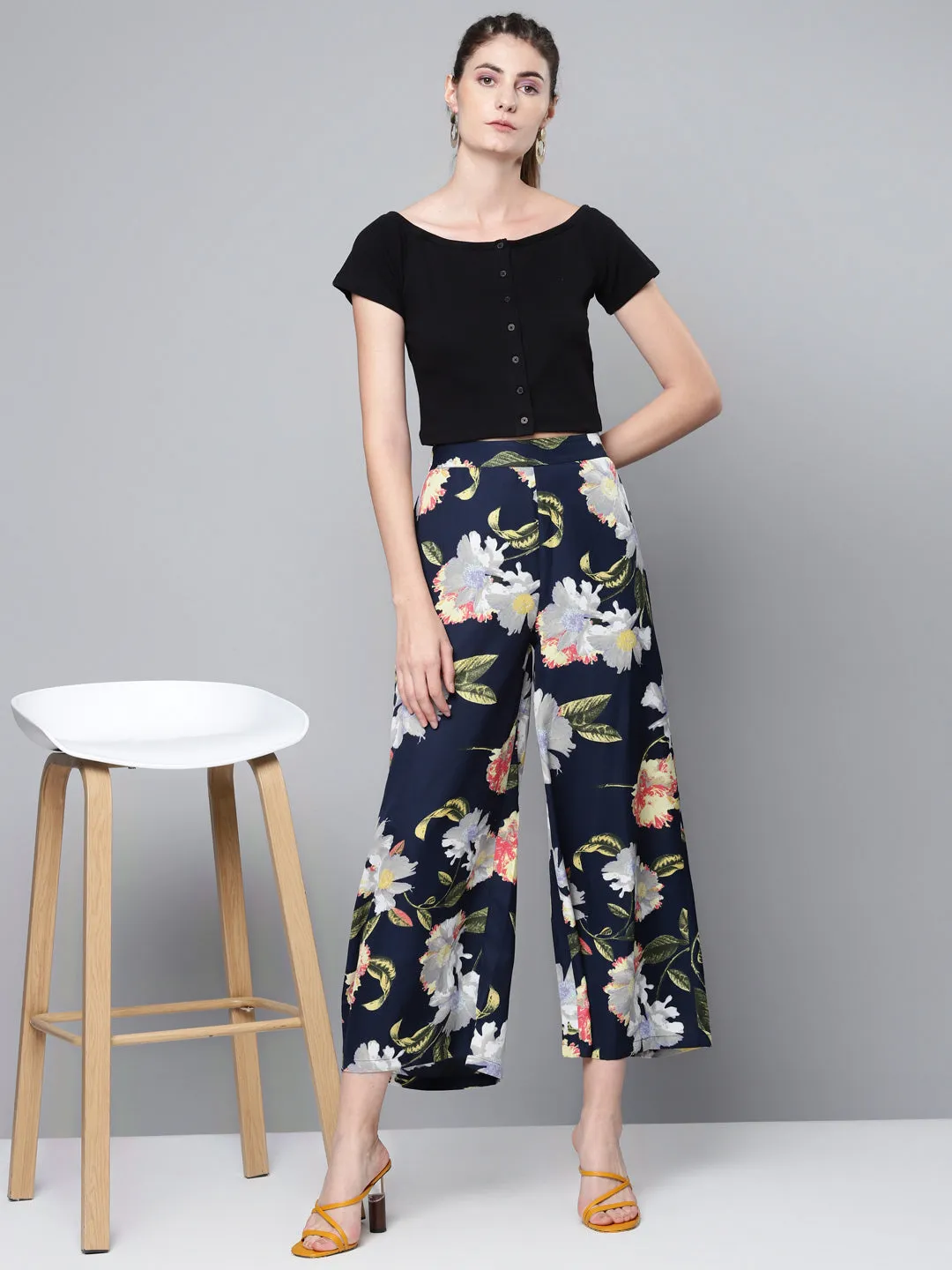 Women Black Front Button Bardot Rib Crop Top